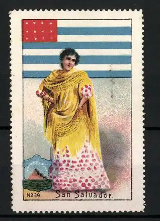 Reklamemarke San Salvador, Fräulein in traditioneller Tracht, Flagge und Wappen