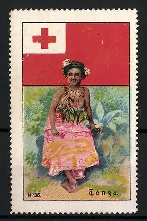 Reklamemarke Tonga, Frau in traditioneller Tracht, Flagge