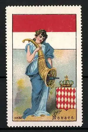 Reklamemarke Monaco, Fräulein im Kleid, Flagge und Wappen