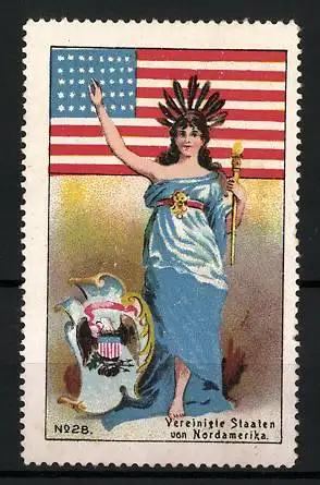 Reklamemarke Vereinigte Staaten von America, Freiheitsstatue mit Federschmuck, Flagge und Wappen
