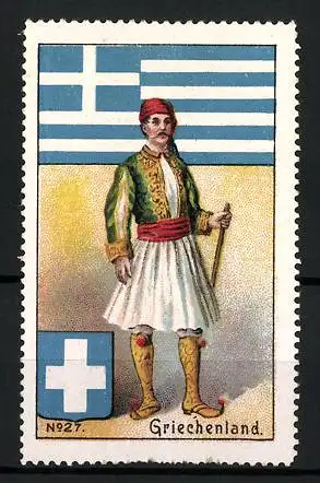 Reklamemarke Griechenland, Grieche in traditioneller Tracht, Flagge und Wappen