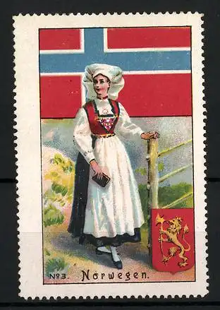 Reklamemarke Norwegen, Fräulein in traditioneller Tracht, Flagge und Wappen