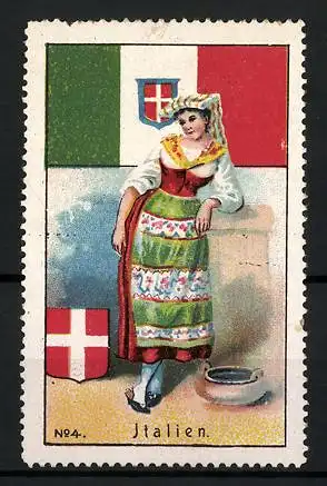 Reklamemarke Italien, Fräulein in traditioneller Tracht, Flagge und Wappen