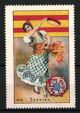 Reklamemarke Spanien, Tänzerin in Tracht, Flagge und Wappen