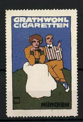Künstler-Reklamemarke Ludwig Hohlwein, Grathwohl Cigaretten, München, Paar auf einer Wiese