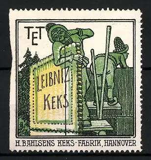 Reklamemarke Leibniz-Keks, H. Bahlsens Keks-Fabrik Hannover, zwerge mit grossem Keks