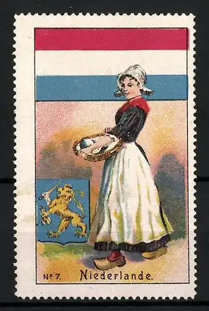Reklamemarke Niederlande, Fräulein im Trachtenkleid, Flagge und Wappen