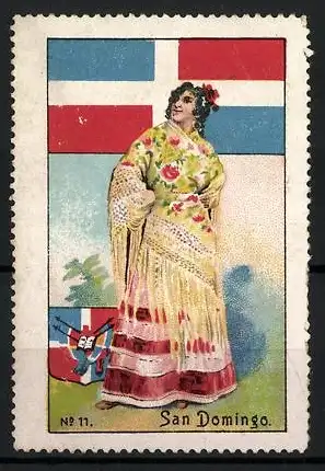 Reklamemarke San Domingo, Fräulein in traditioneller Tracht, Flagge und Wappen