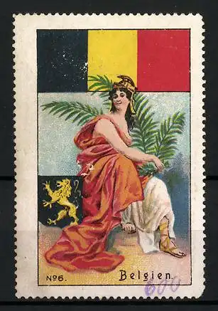Reklamemarke Belgien, Frau in Tracht, Flagge und Wappen