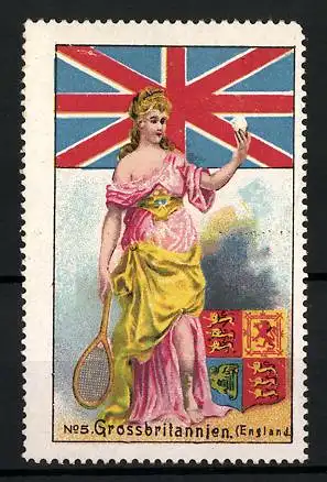 Reklamemarke Grossbritannien, Frau mit Tennisschläger, Flagge und Wappen