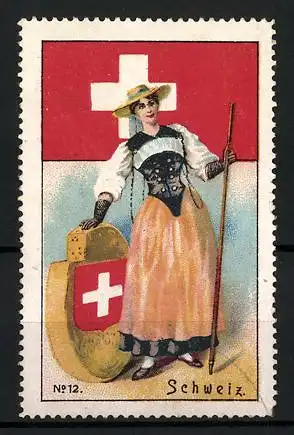 Reklamemarke Schweiz, Fräulein mit Wanderstock und Wappen im Trachtenkleid, Flagge