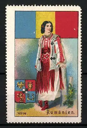 Reklamemarke Rumänien, Fräulein in traditioneller Tracht, Flagge und Wappen