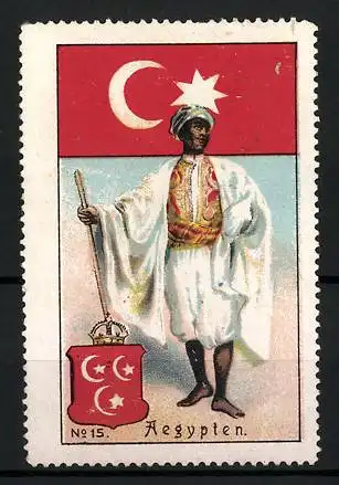 Reklamemarke Aegypten, Araber in Tracht, Wappen und Flagge