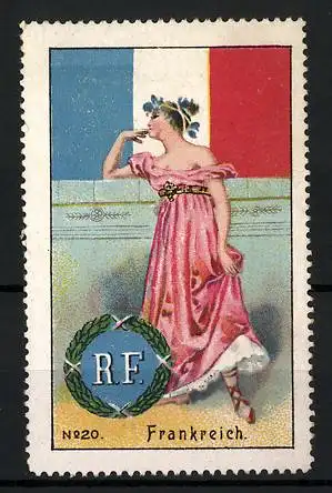 Reklamemarke Frankreich, Frau im eleganten Kleid, Flagge und Wappen