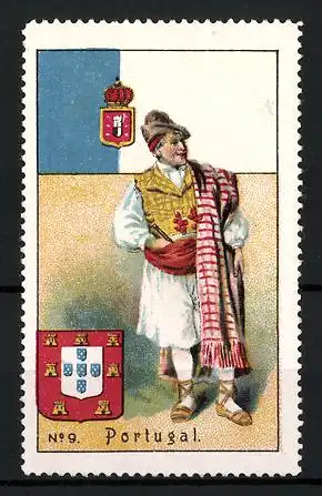 Reklamemarke Portugal, Mann in traditioneller Tracht, Flagge und Wappen
