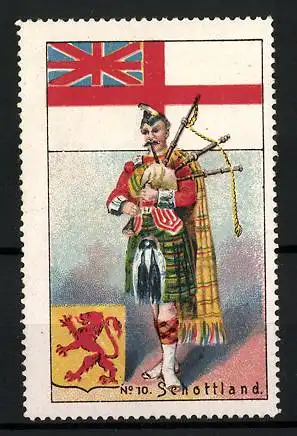 Reklamemarke Schottland, Dudelsackpfeifer, Flagge und Wappen