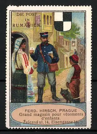 Reklamemarke Die Post in Rumänien, Wappen, Grand magasins pour vetements d`enfants, Ferd. Hirsch, Prag