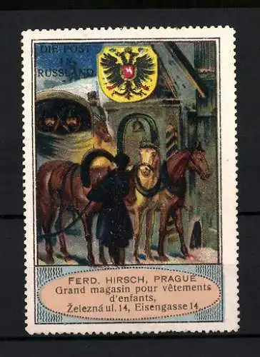 Reklamemarke Die Post in Russland, Wappen, Grand magasins pour vetements d`enfants, Ferd. Hirsch, Prag
