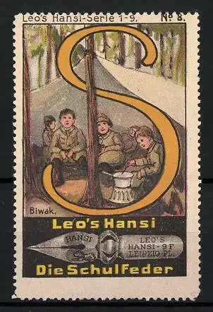 Reklamemarke Leo`s Hansi Die Schulfeder, Pfadfinder im Biwak, Buchstabe S, Bild 8