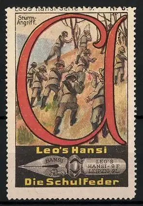 Reklamemarke Leo`s Hansi Die Schulfeder, Pfadfinder beim Sturmangriff, Buchstabe A