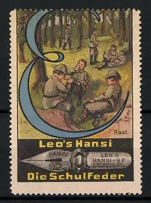 Reklamemarke Leo`s Hansi Die Schulfeder, Pfadfinder bei der Rast, Buchstabe E