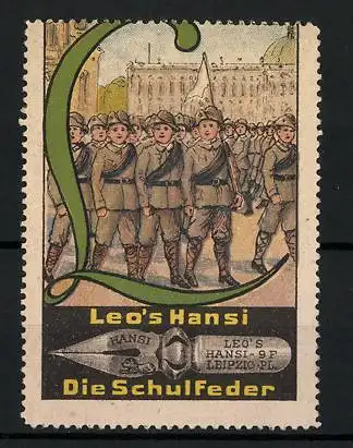 Reklamemarke Leo`s Hansi Die Schulfeder, Pfadfinder auf dem Platz, Buchstabe L