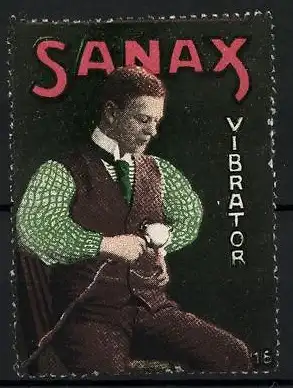 Reklamemarke Sanax Vibrator, Mann mit Massagegerät