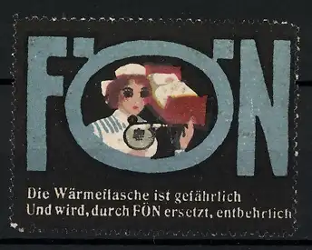 Reklamemarke Fön - als Ersatz zur Wärmflasche, Krankenschwester mit Fön