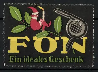 Reklamemarke Fön - ein ideales Geschenk, Fön und Zwerg mit Kerze auf Beerenzweig