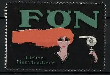 Reklamemarke Fön - elektr. Haartrockner, Frau fönt ihre orangefarbenen Haare