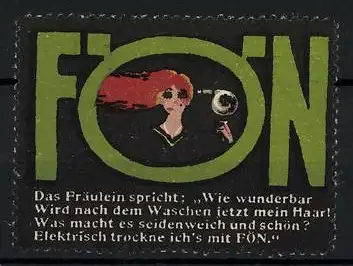 Reklamemarke Fön - Haartrockner, Frau fönt ihre roten Haare