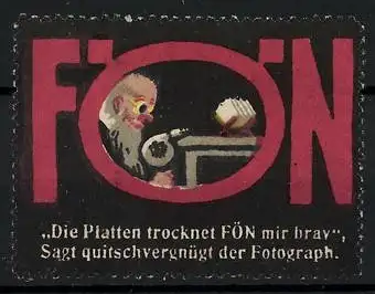 Reklamemarke Fön - zum Plattentrocknen, Fotograph fönt seine Platten
