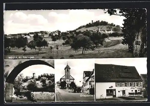 AK Weiler / Neckar, Lebensmittel I. Ruf, Burg, Ortspartie