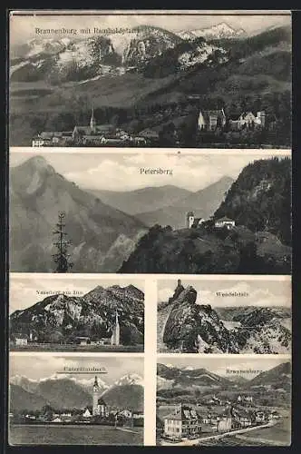 AK Brannenburg, Ortsansicht mit Ramboldplatte, Petersberg und Wendelstein
