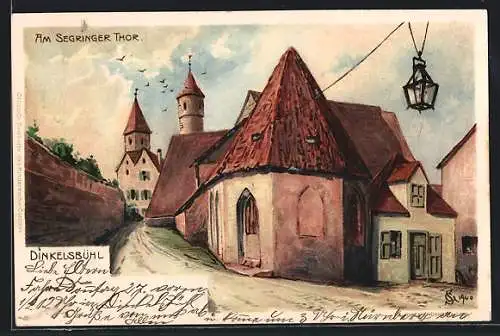 Künstler-AK Dinkelsbühl, Strassenpartie mit Gebäudeansicht