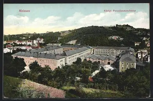 AK Meissen, Stadtansicht mit der kgl. Porzellanmanufaktur