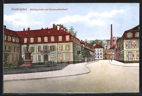 Künstler-AK Zweibrücken, Herzogstrasse mit Bismarckdenkmal