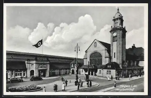 AK Hagen / Westfalen, Hauptbahnhof mit flagge