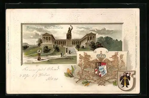 Passepartout-Lithographie München, Bavaria mit Ruhmeshalle und Wappen