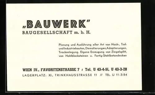 Vertreterkarte Wien, Baugesellschaft mbH Bauwerk Favoritenstrasse 7