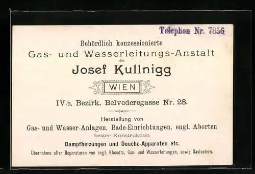 Vertreterkarte Wien, Behördliche Konzessionierte Gas- und Wasserleitungs-Anstalt, Josef Kullnigg, Belvederegasse 28