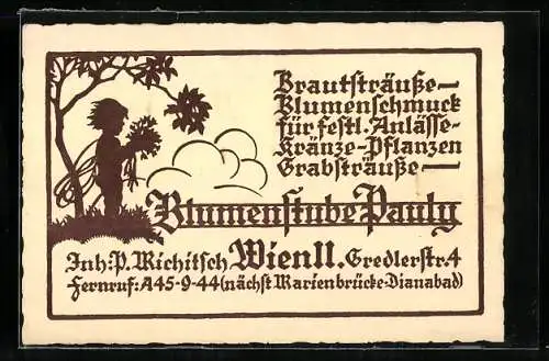 Vertreterkarte Wien, Blumenstube Pauly, Inh. P. Wichitsch, Gredlerstr. 4