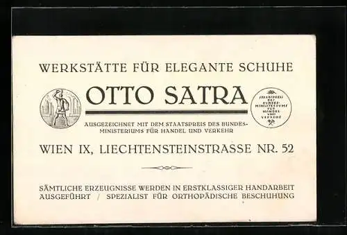 Vertreterkarte Wien, Werkstätte für elegante Schuhe, Otto Satra, Liechtensteinstrasse 52