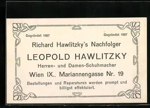 Vertreterkarte Wien, Herren- und Damen-Schuhmacher, Leopold Hawlitzky, Mariannengasse 19