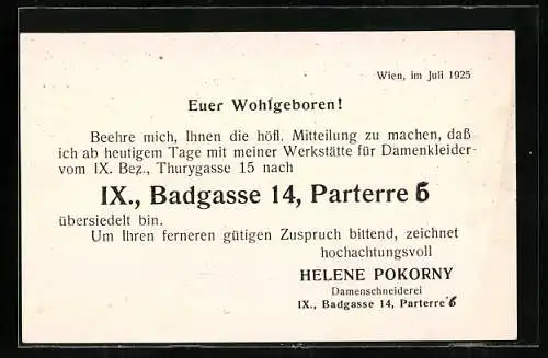 Vertreterkarte Wien, Damenschneiderei, Helene Pokorny, Geschäftsumzug in die Badgasse 14
