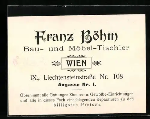 Vertreterkarte Wien, Bau- und Möbel-Tischler, Franz Böhm, Liechtensteinstrasse 108