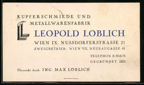 Vertreterkarte Wien, Kupferschmiede und Metallwarenfabrik, Leopold Löblich, Nussdorferstrasse 21