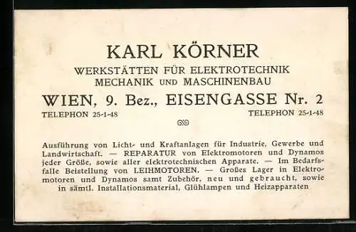 Vertreterkarte Wien, Werkstätten für Elektrotechnik Mechanik und Maschinenbau, Karl Körner, Eisengasse 2