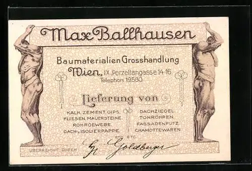 Vertreterkarte Wien, Baumaterialien Grosshandlung, May Ballhausen, Porzellangasse 14-16