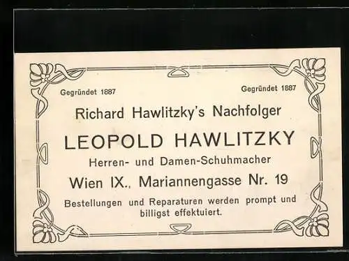 Vertreterkarte Wien, Herren- und Damen-Schuhmacher, Leopold Hawlitzky, Mariannengasse 19